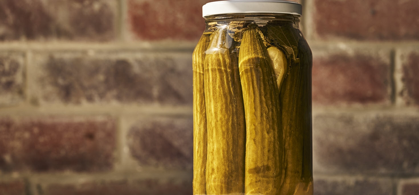 Freshly made dill pickles in a glass jar, surrounded by cucumbers, garlic cloves, and sprigs of fresh dill